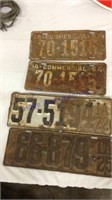 4 license  plates- 2- 1954, 1-1922, 1-1925