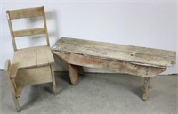 Primitive Wood Bench & Rustic Wood Chair