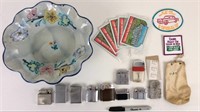 Lot of floral bowl, lighters, patches, etc