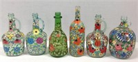 Six Decorative Hand Painted Glass Bottles