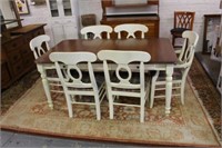 7pc Farm Style Table, painted base, wood top, 2