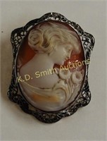 Antique Cameo OF Lady with Flowers set in Sterling