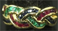 14KT YELLOW GOLD RUBY, EMERALD & SAPPHIRE RING