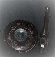 2pc Boehemin Cranberry Cut to Clear Decanter
