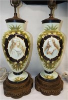 Pair Of Glass Lamps With Portrait Decoration