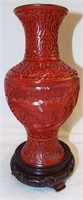 Oriental Cinnabar Vase On Wooden Stand