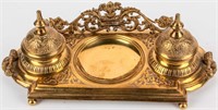 Victorian Art Nouveau Cast Brass Double Inkwell