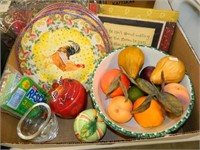 Rooster Plates, Fake Fruit, Fruit Jars & More