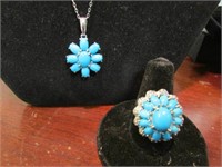 2pc Ring& Necklace Set ~ Blue Stones Flower Design