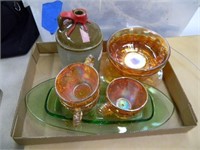 VINTAGE CARNIVAL GLASS BOWLS & CUPS, WHISKEY JUG