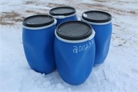 (4) 30-GALLON POLY BARRELS WITH REMOVABLE LIDS,