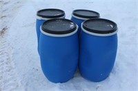 (4) 30-GALLON POLY BARRELS WITH REMOVABLE LIDS,