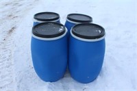 (4) 30-GALLON POLY BARRELS WITH REMOVABLE LIDS,