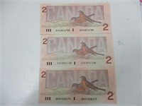 3 billets non consécutifs 2 dollars 1986 UNC neuf