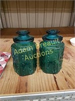 2 vintage Blue Glass decorative canisters