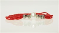 Sterling Silver Pearl and Created Coral Bracelet