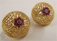 Pair Of Italy 18k Gold Diamond & Ruby Earrings