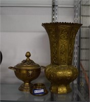 Solid Brass Dish with Lid, Elaborate Brass Vase