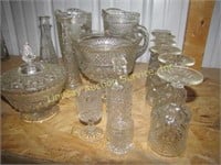 15pc set clear pressed glass of various patterns: