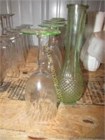 6 pcs green stemware & 1 green flower vase