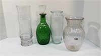 3 CLEAR GLASS VASES + GREEN GLASS DECANTER