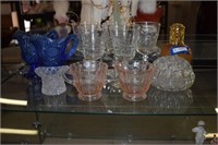 Two Blue Glass Gravy Boats, Five Crystal Wine
