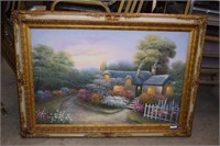 Large Framed Signed Cottage Painting