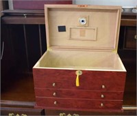 Large Wood Humidor Chest with Two Drawers and Key