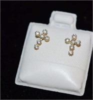 14k Gold Cross Earrings w/ White Stones