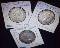 1954, 62, 65 .800 Silver Canadian Half Dollars
