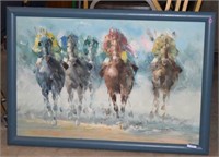Signed Framed Horse Race Painting on Canvas