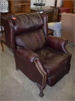 Burgundy Leather Wingback Recliner w/ Brass Stud