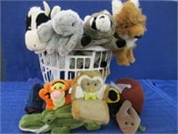 10 cute puppet stuffed animals in laundry basket
