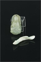 2 Pc White & Green Jadeite Carved Guanyin & Fish