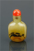 Chinese Smoky Agate Carved Snuff Bottle w/ Coral