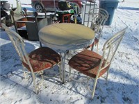 3 METAL CHAIRS AND VINTAGE YELLOW TABLE