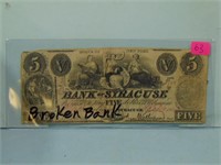 1860 United States $5 Broken Bank Note - Syracuse