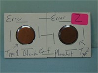 Two Blank Planchet Error Pennies - Type 1 and 2