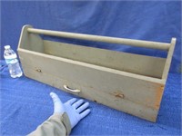 old grey wooden tool tote w/drawer - 30in wide