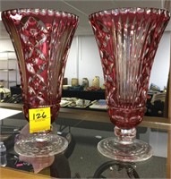 PAIR RUBY CUT TO CLEAR GLASS VASES