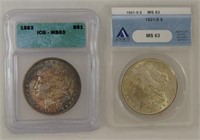 MORGAN SILVER DOLLARS 1883 MS63 & 1921 S MS 63