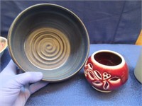 nice blue pottery bowl & red candle holder