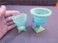 2 antique blue opalescent toothpick holders