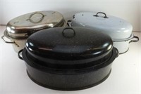 3 Large Savory Roaster Pans With Lids