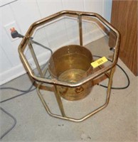 METAL & GLASS SMALL TABLE & BRASS COLORED CAN