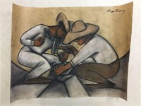 Diego Rivera, Charcoal & Pastel Mural Study Signed