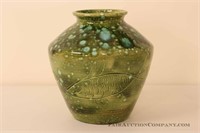 Mid Century Glazed Ceramic Vase with Fish