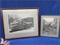 2 black & white photos with horses - framed