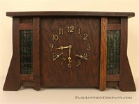 Arts and Crafts Mantle Clock with Stained Glass
