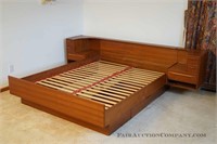Teak Mid Century Bed with Attached Side Tables